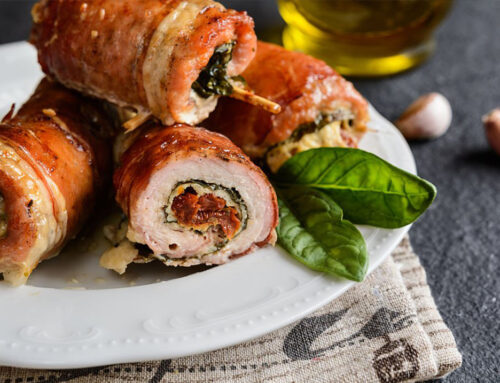 PORK CUTLETS WRAPPED IN PROSCIUTTO CRUDO DI PARMA, STUFFED WITH CHEESE AND SPINACH